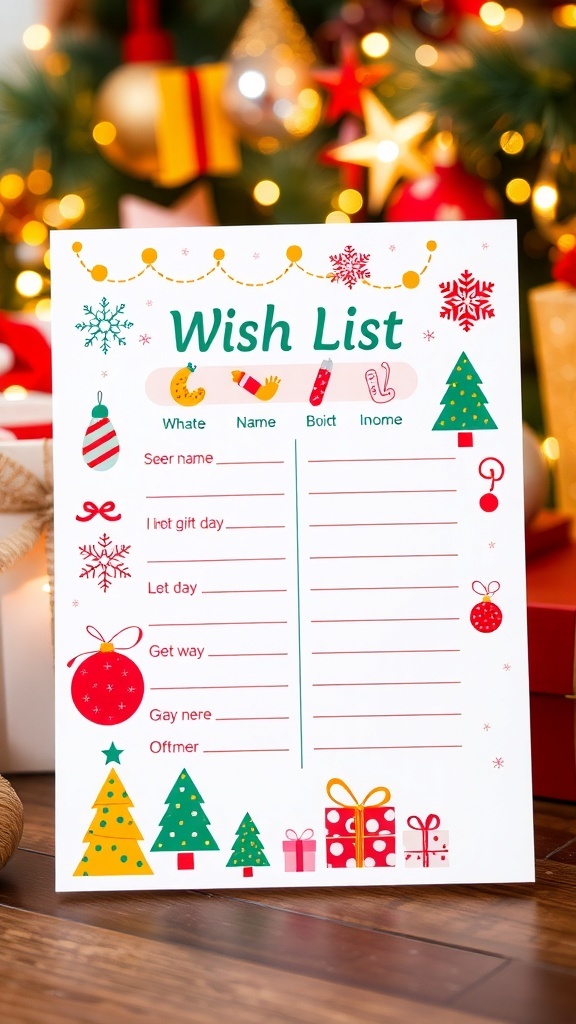 Printable Christmas wish list template for kids with festive designs and sections for writing gift wishes.